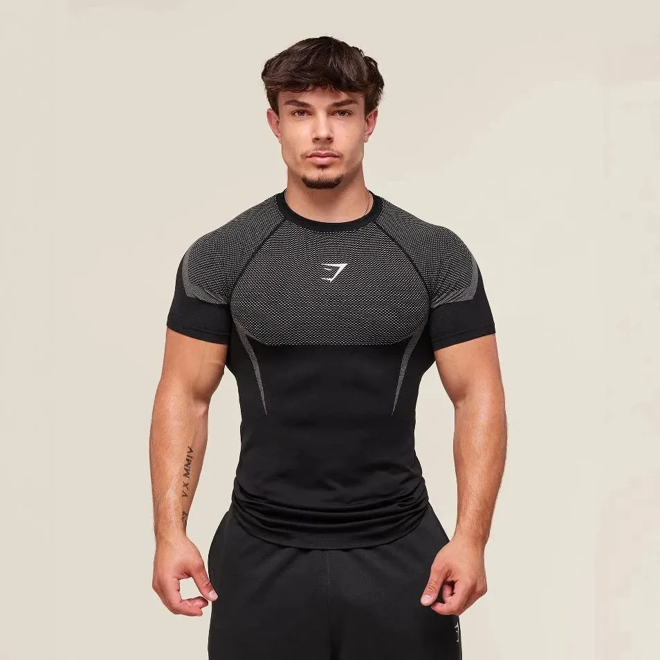 GYMSHARK new running, sports, and fitness top—casual, breathable, tight-fitting short-sleeve T-shirt for running and everyday wear—Shark design